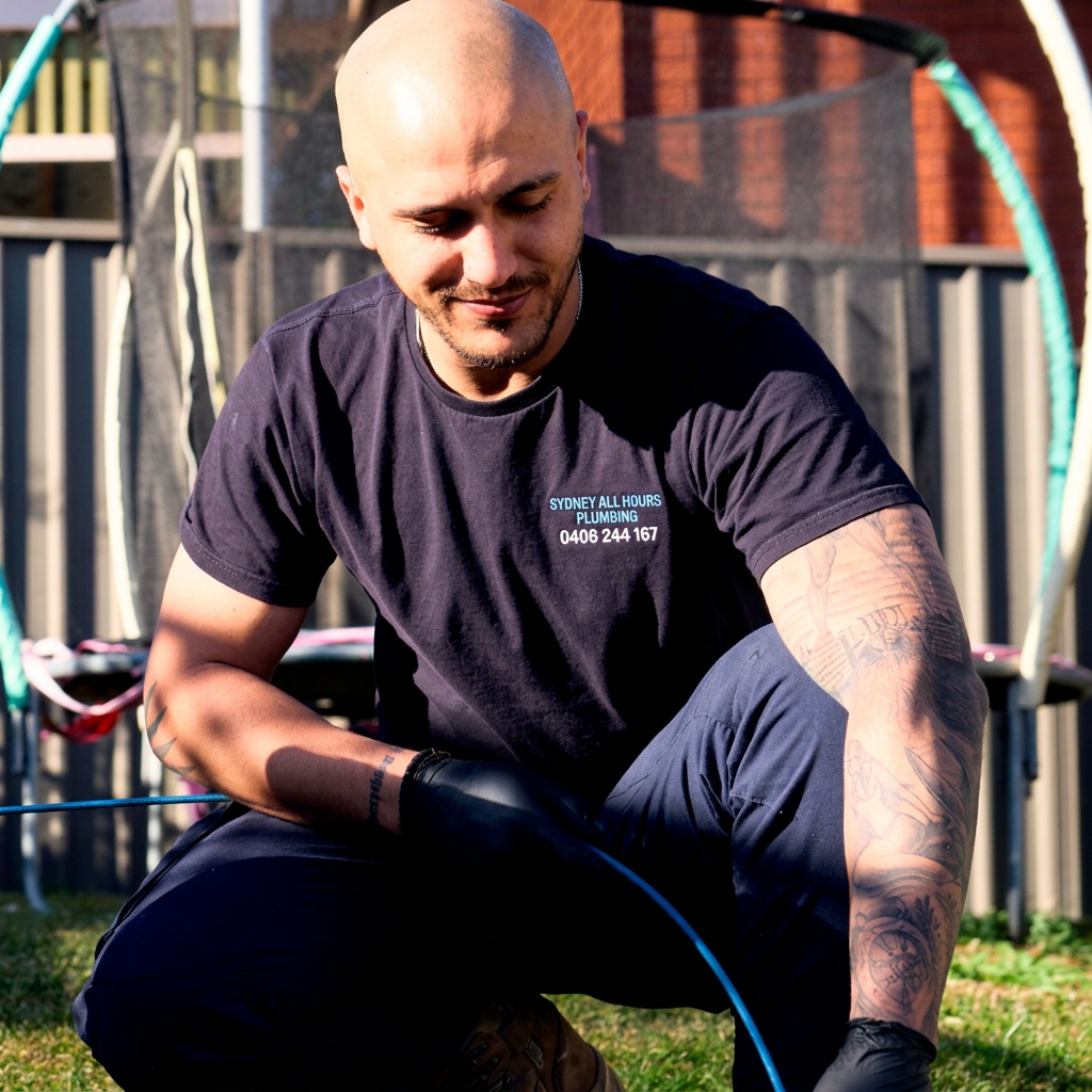 Sydney plumber running a CCTV drain camera to clear a blocked drain on-site
